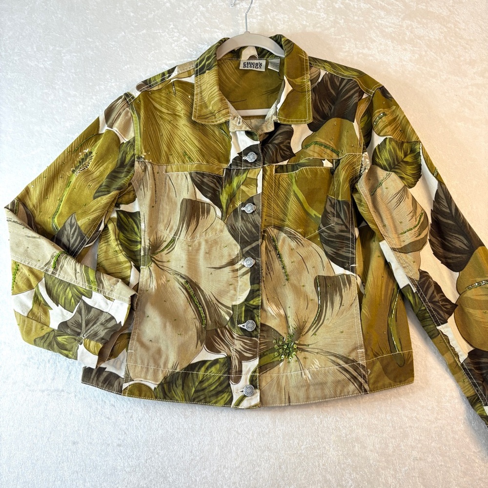 CHICOS Tropical Print Jacket Green Womens Size 1 (M/8) Cotton